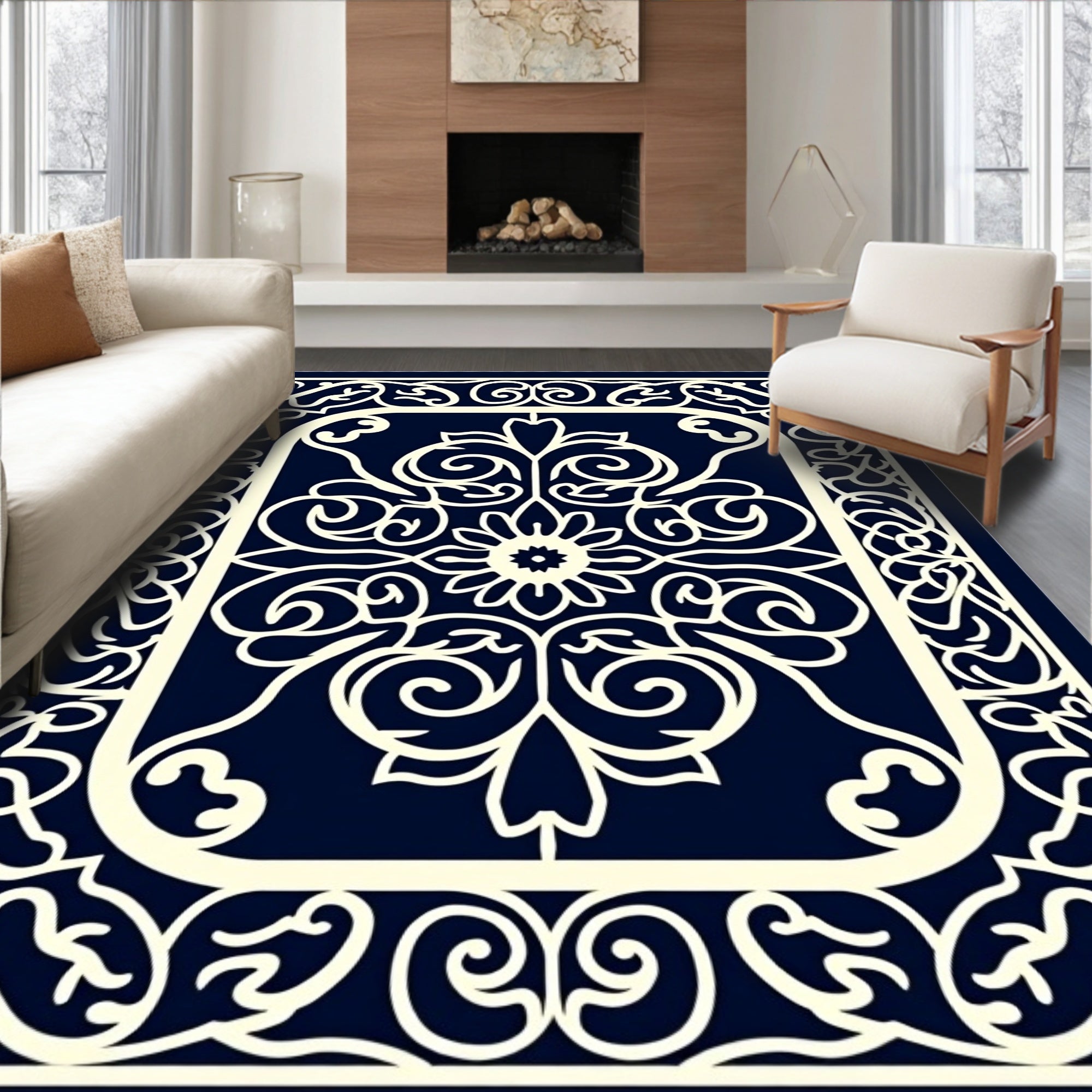 Ornate Navy White Floral Scroll Rug