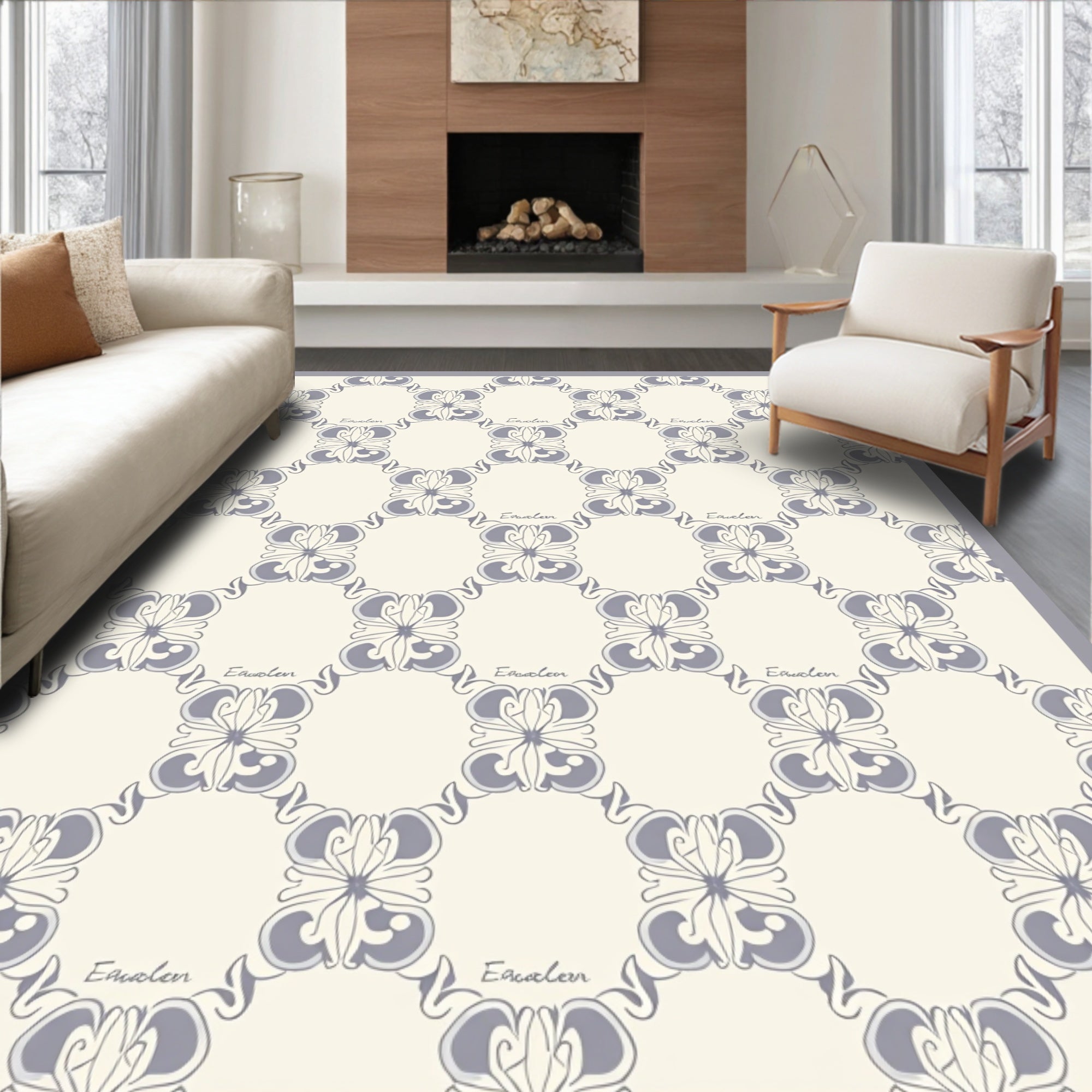 Delicate Grey Floral Lattice Pattern Rug