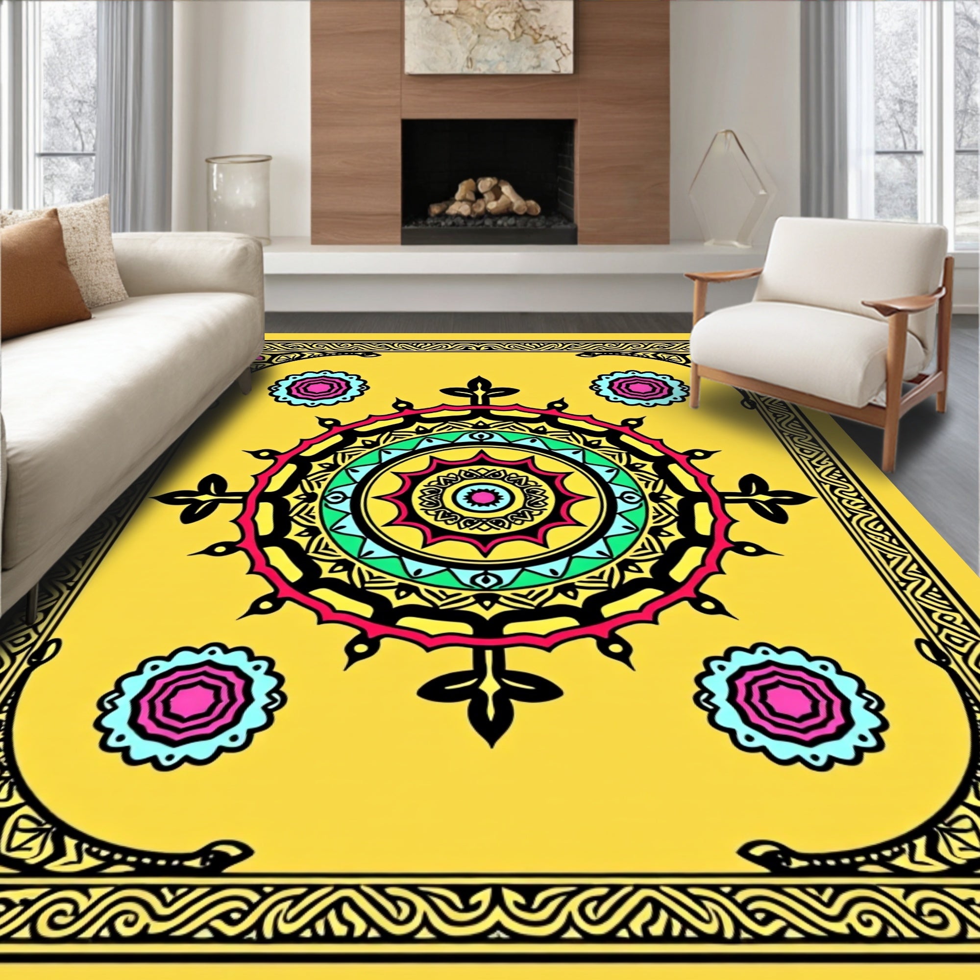 Vivid Yellow Circular Mandala Pattern Rug