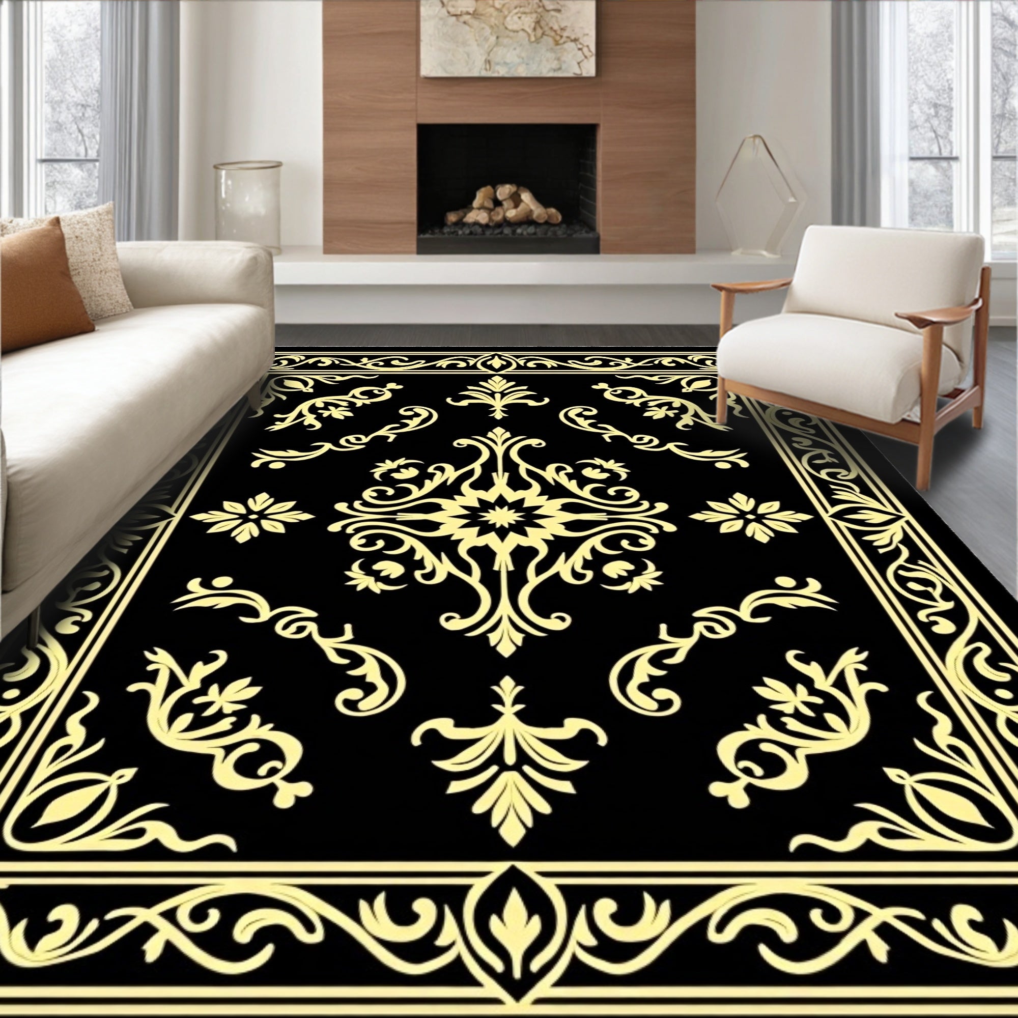 Elegant Black Gold Floral Rug