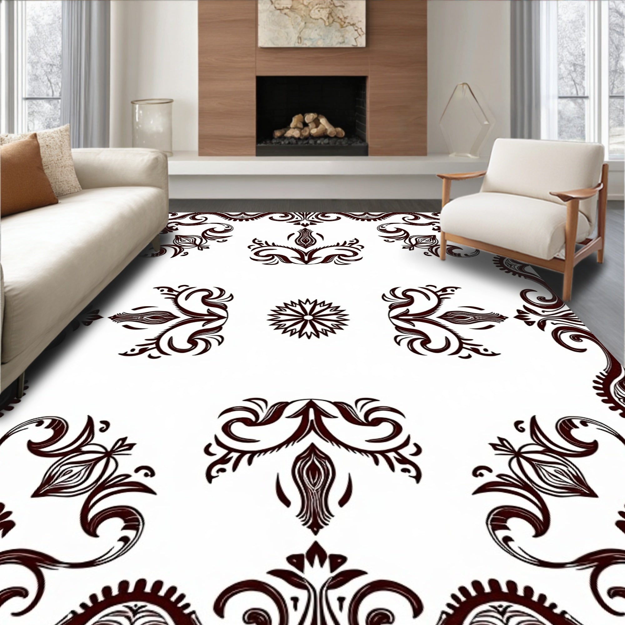 Ornate Scrollwork and Floral Motif Rug