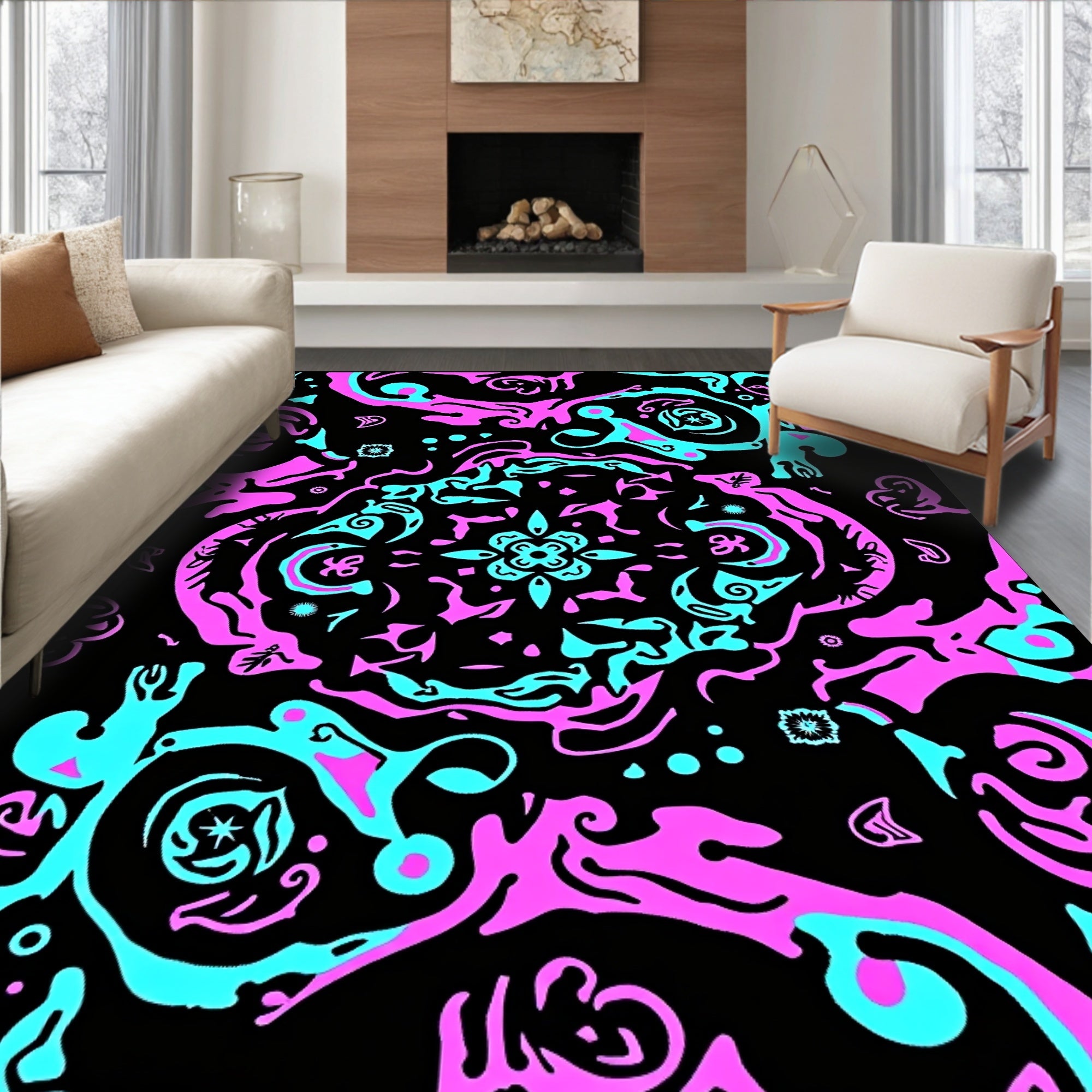 Vibrant Pink Teal Abstract Swirl Pattern Rug