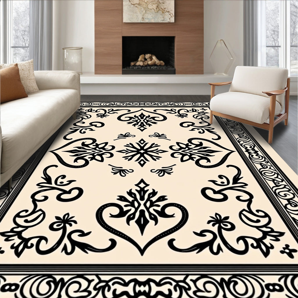 Intricate Black Cream Flourish Mandala Rug