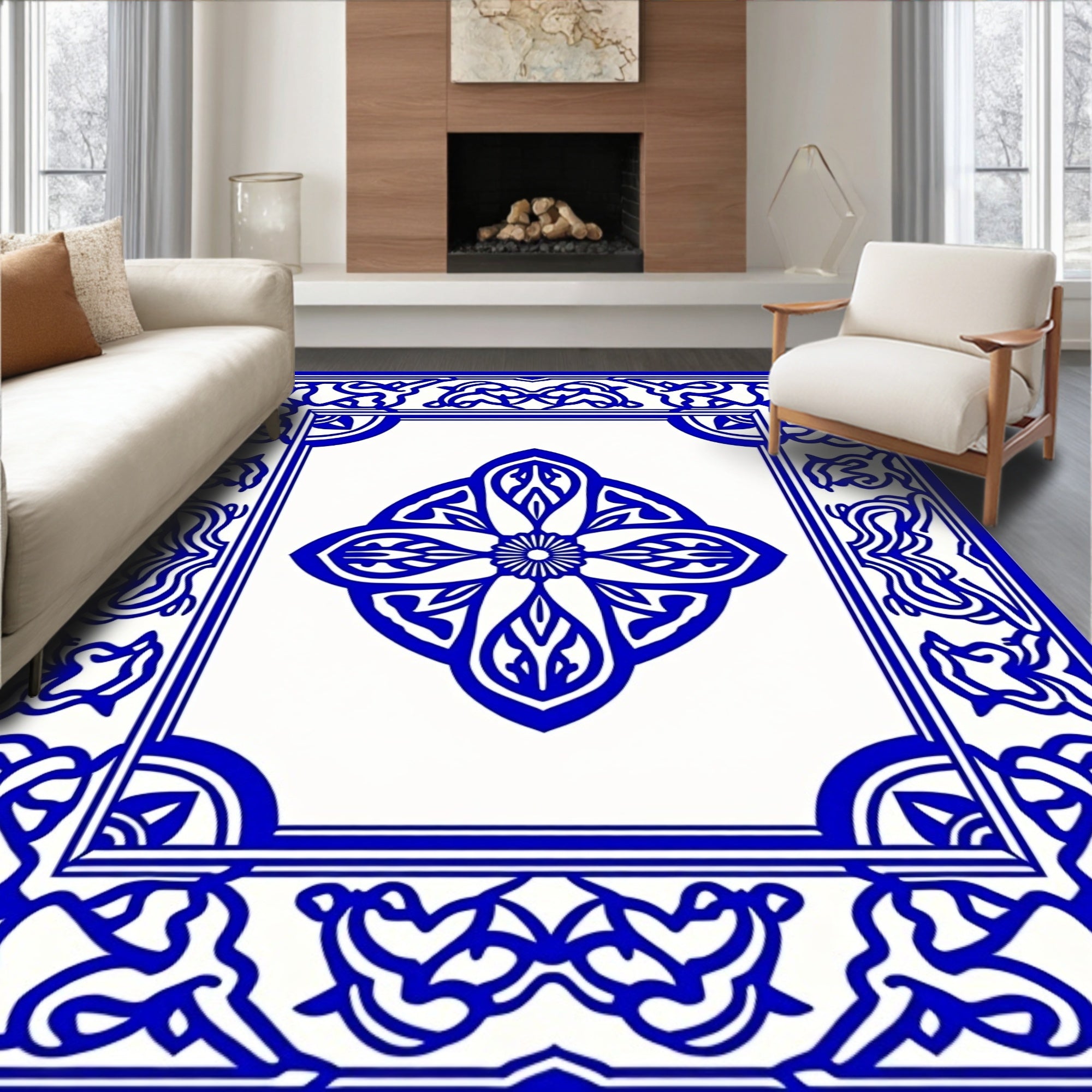 Classic Blue White Floral Tile Rug