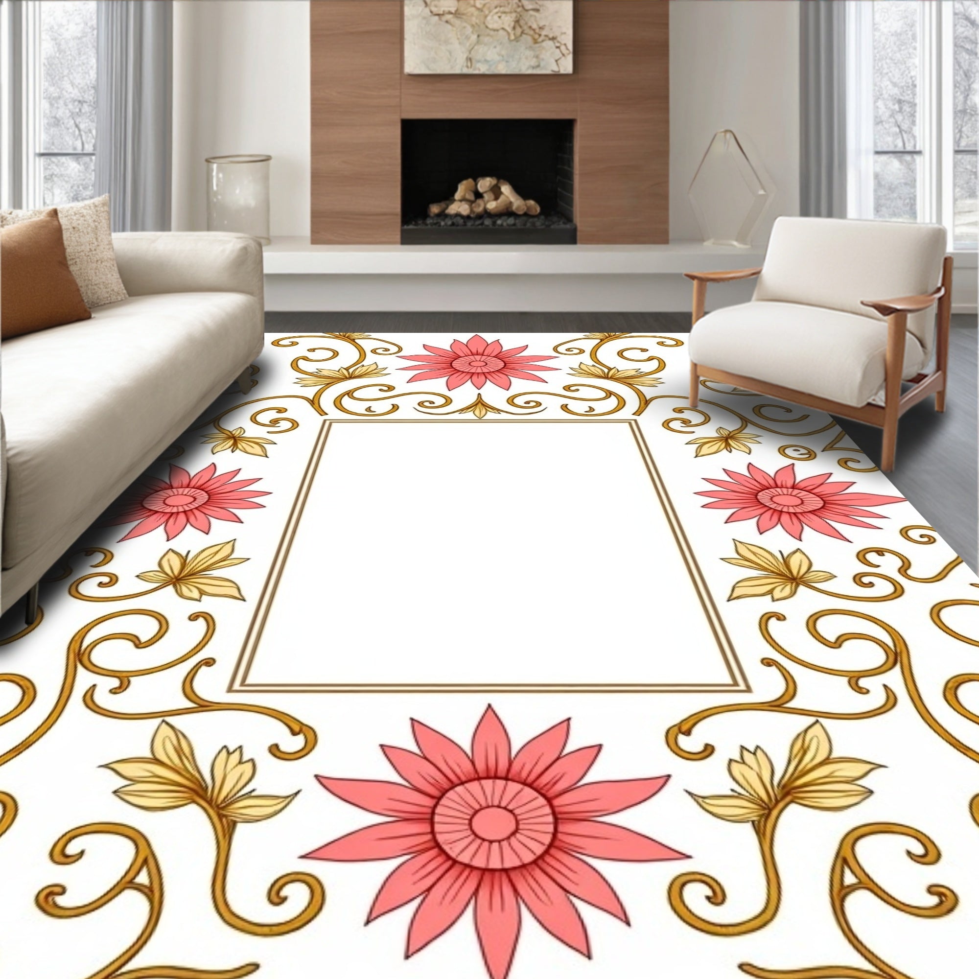 Elegant Floral Swirls Pink Gold Rug