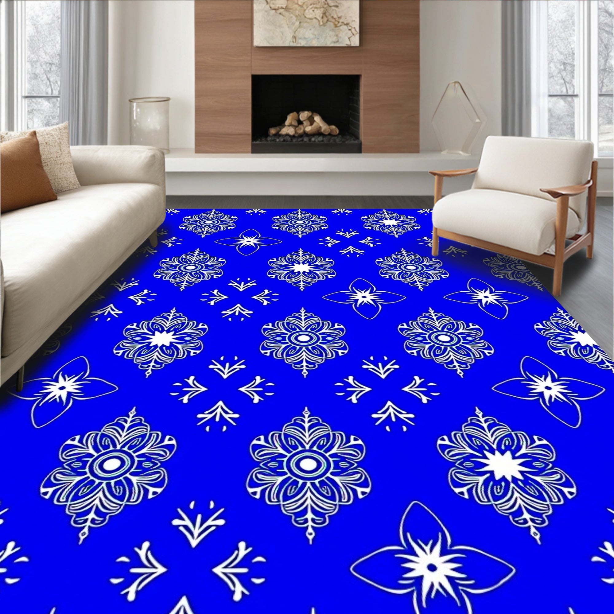 Vibrant Blue White Floral Medallion Rug