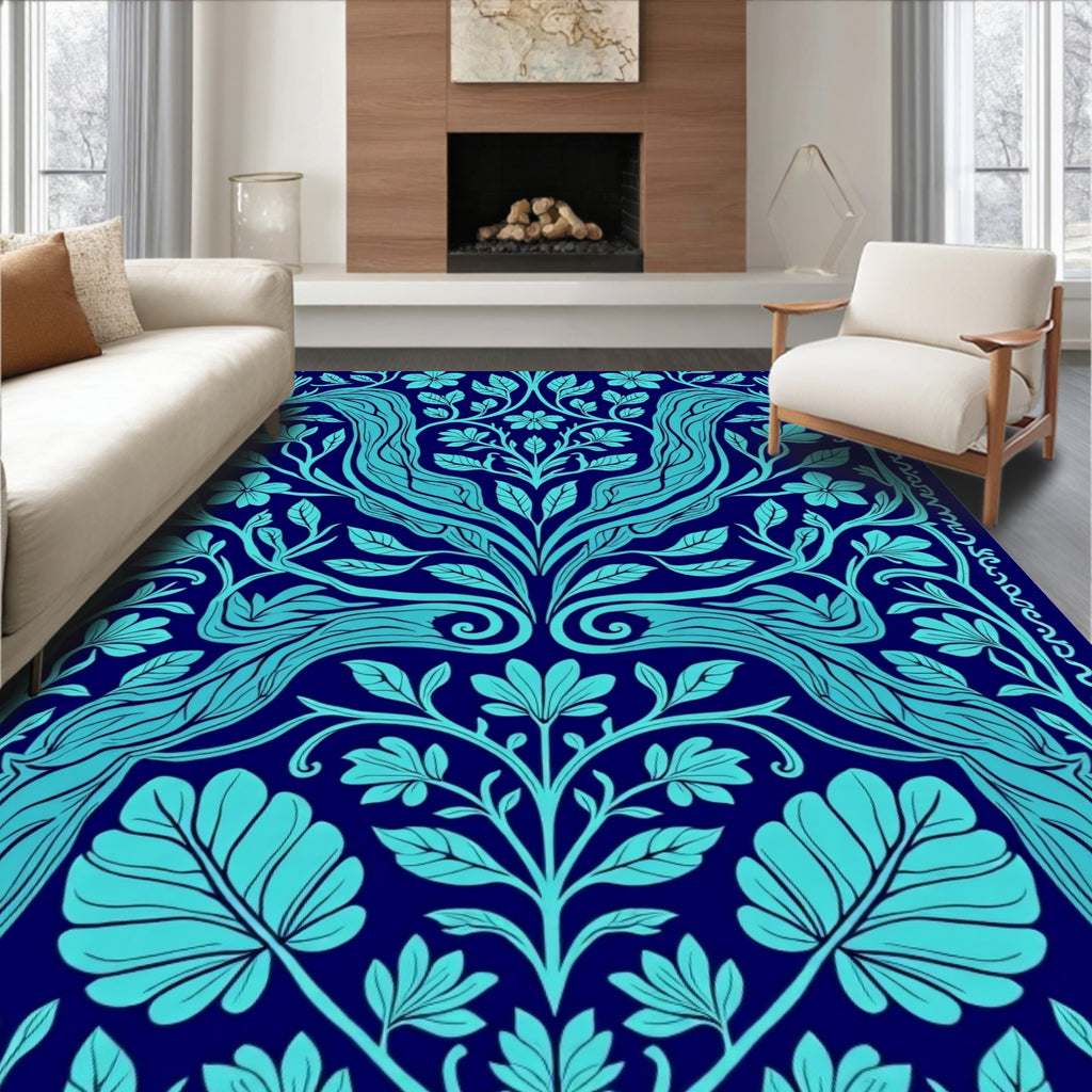 Dark Blue Cyan Floral Vine Pattern Rug
