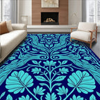 Dark Blue Cyan Floral Vine Pattern Rug