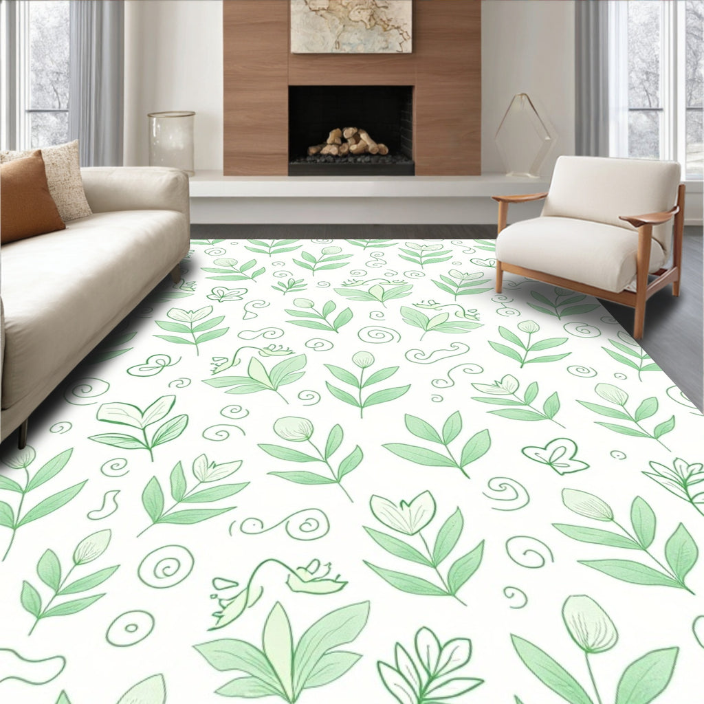 Delicate Green Leaf Swirl Pattern Rug