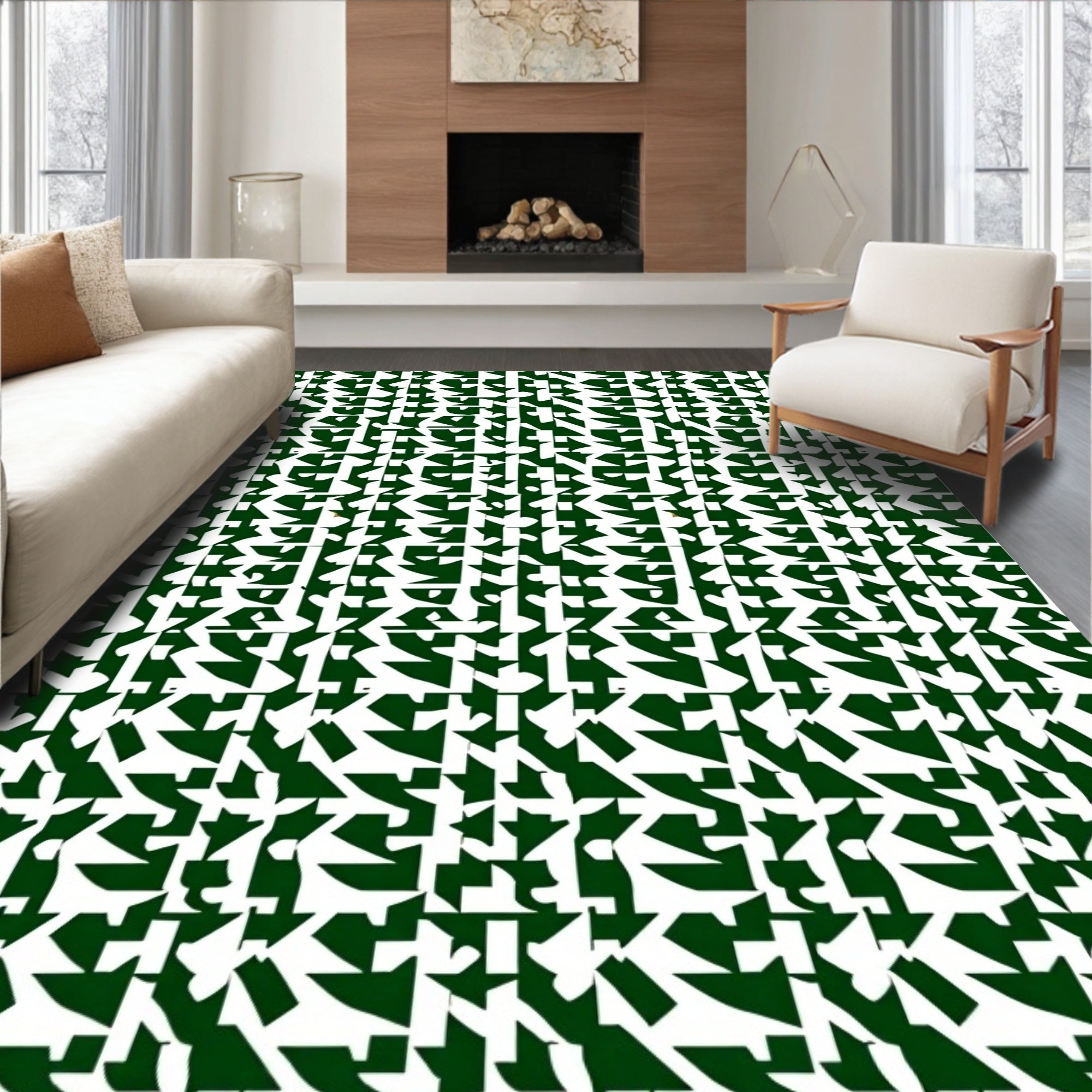 Abstract Green And White Geometric Pattern Rug