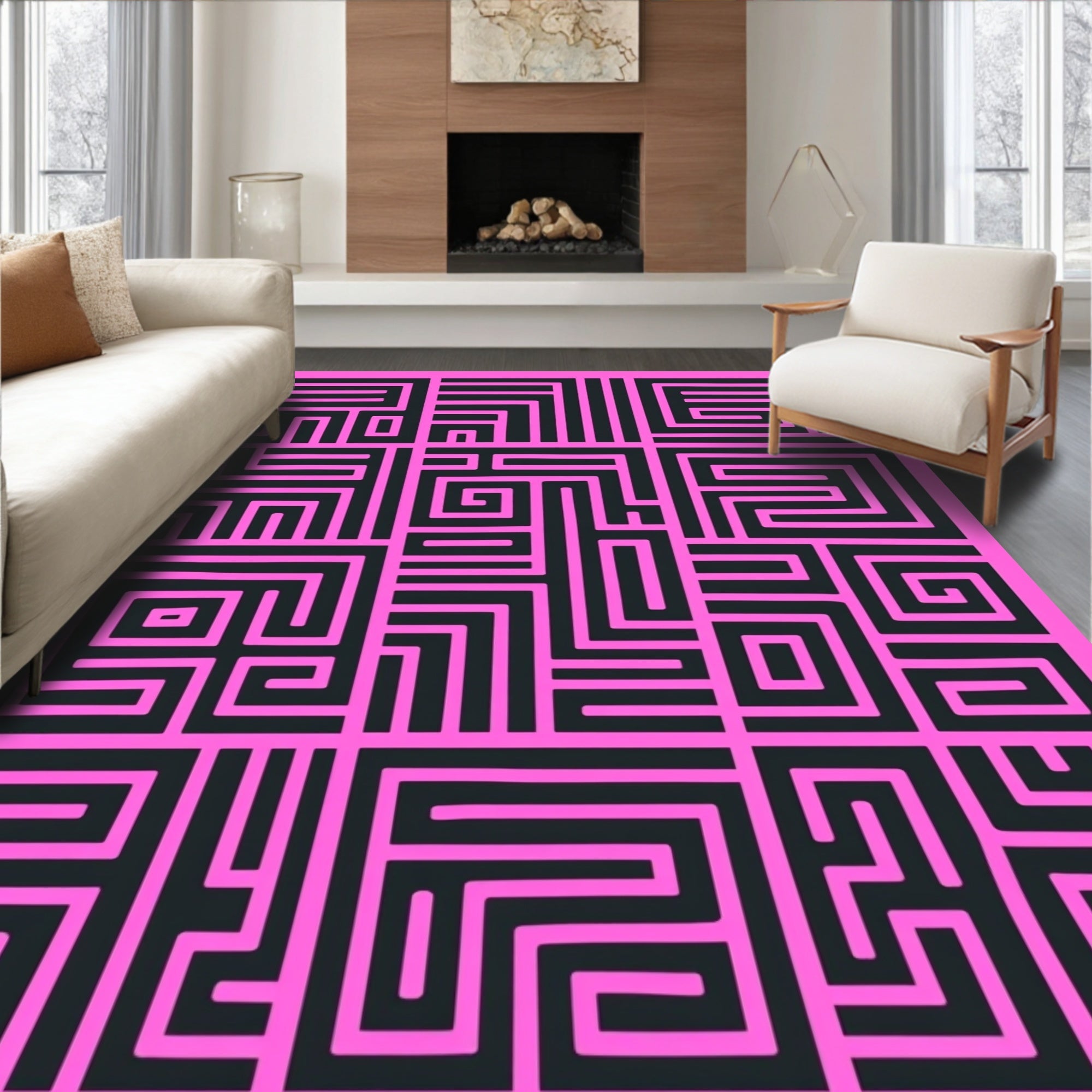 Contrasting Pink Black Maze Pattern Rug