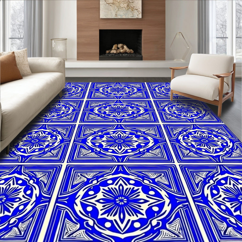 Intricate Blue White Geometric Floral Rug