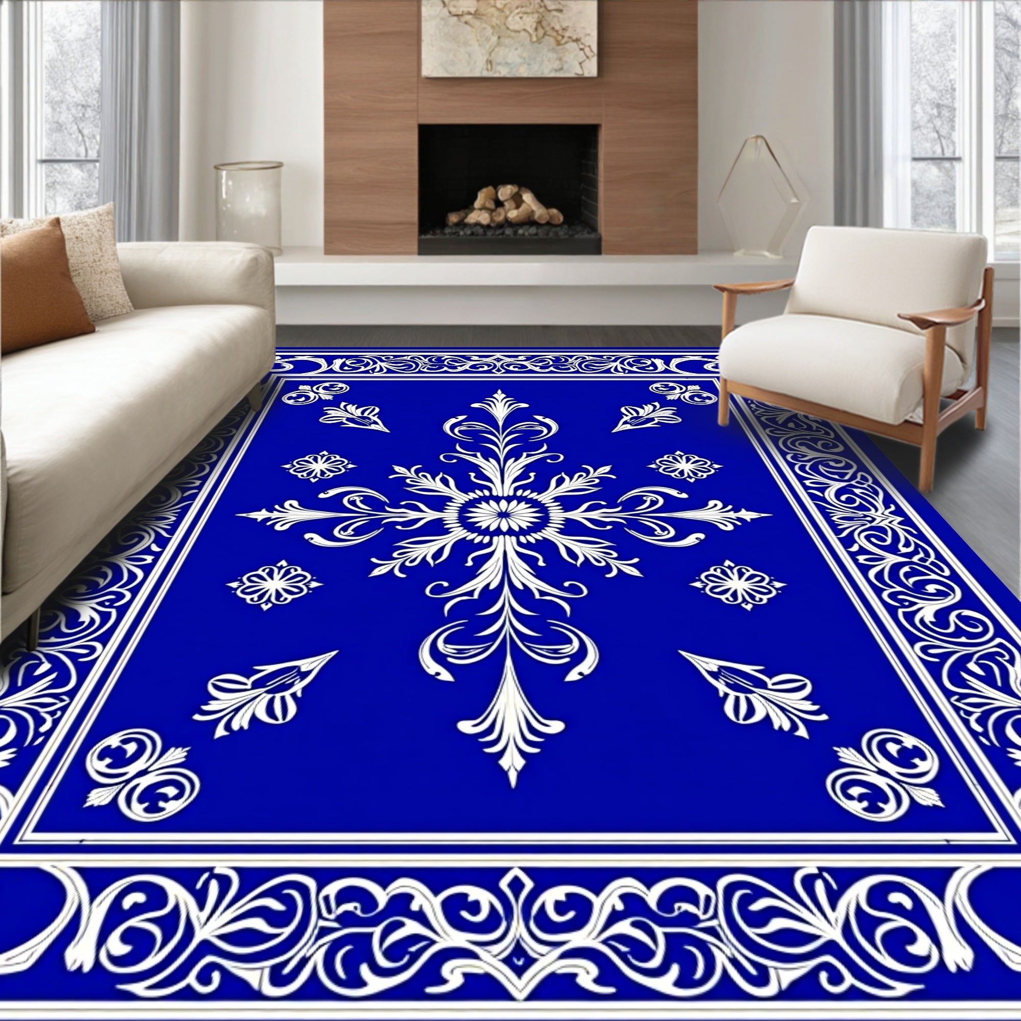 Elegant Blue White Floral Medallion Rug