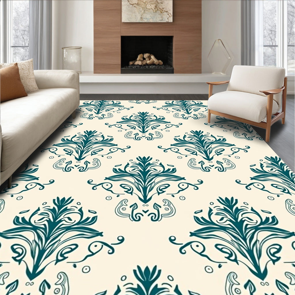 Damask Teal Vintage Floral Pattern Rug