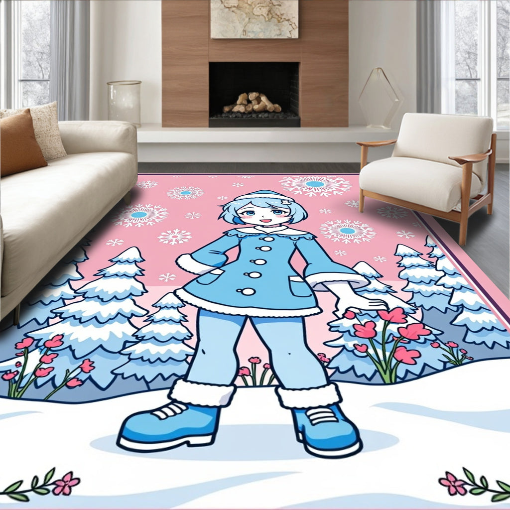 Pink Snowfall Anime Winter Scene Rug