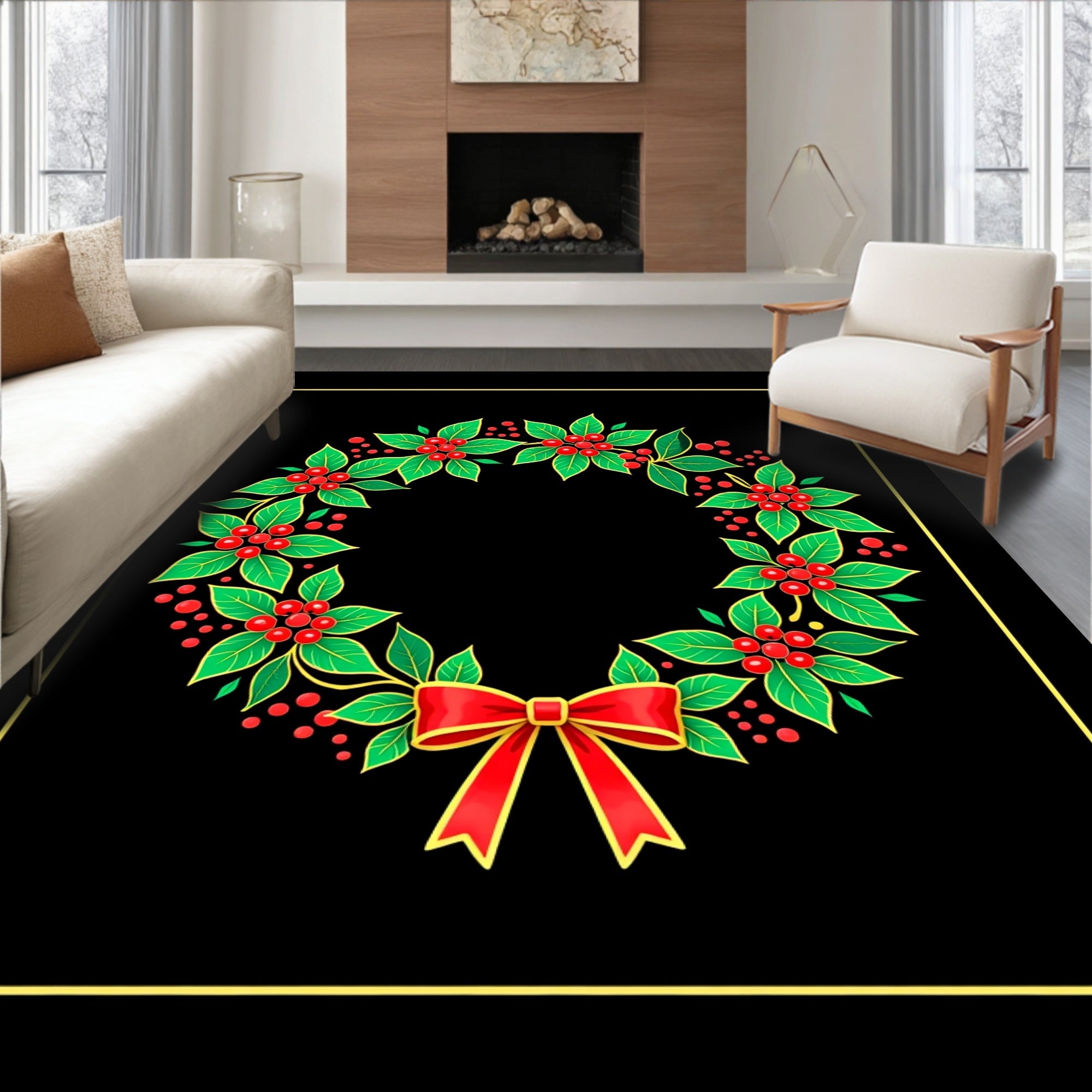 Vibrant Red Holly Berry Wreath Rug