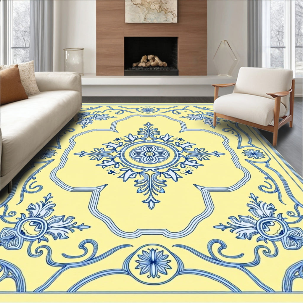 Vibrant Blue Yellow Floral Medallion Rug