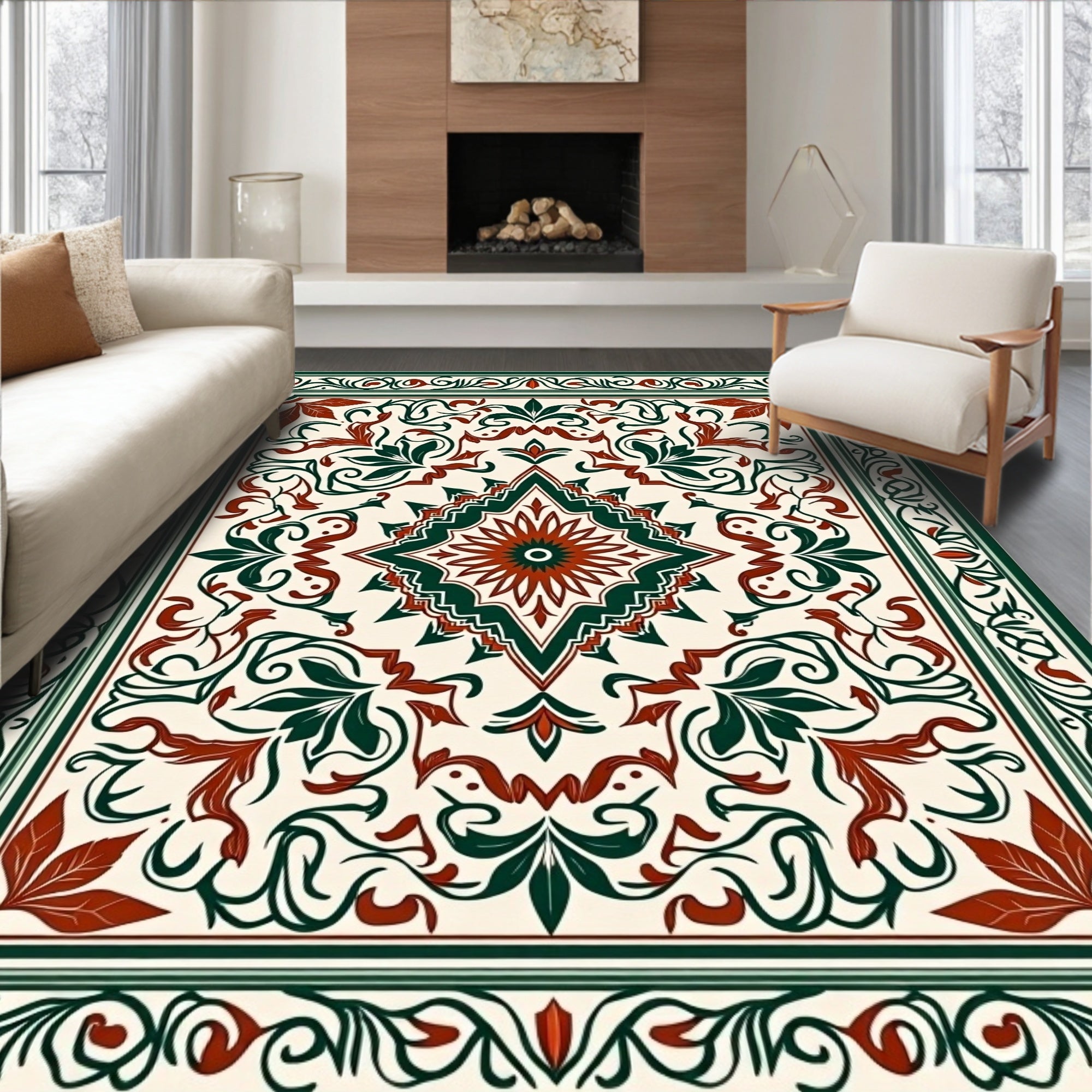 Ornate Floral Bordered Geometric Rug