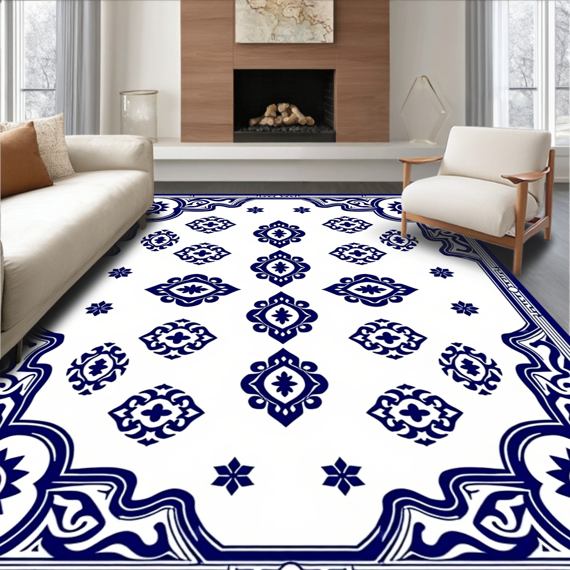 Traditional Blue White Intricate Pattern Rug