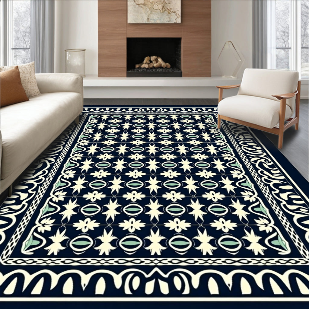 Dark Blue Cream Floral Garden Rug