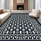 Dark Blue Cream Floral Garden Rug