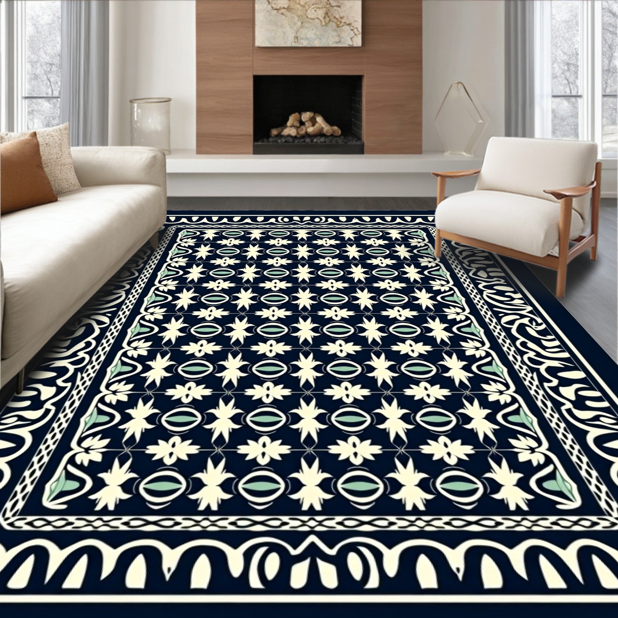 Dark Blue Cream Floral Garden Rug