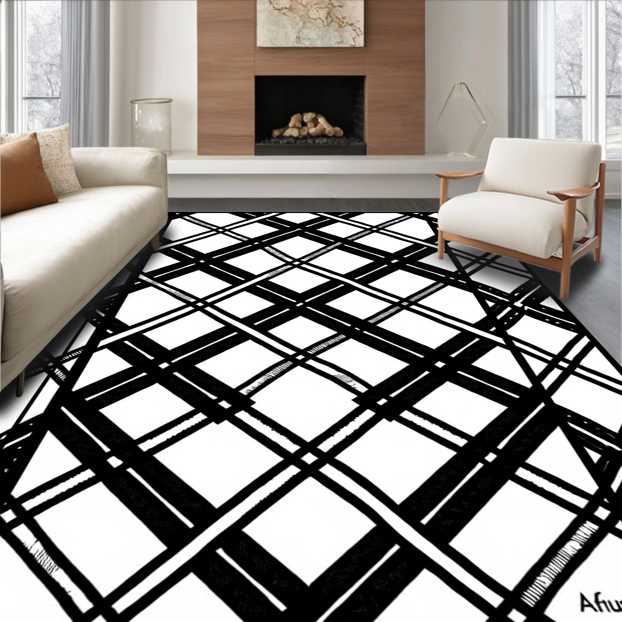 Monochrome Intersecting Lines Pattern Rug
