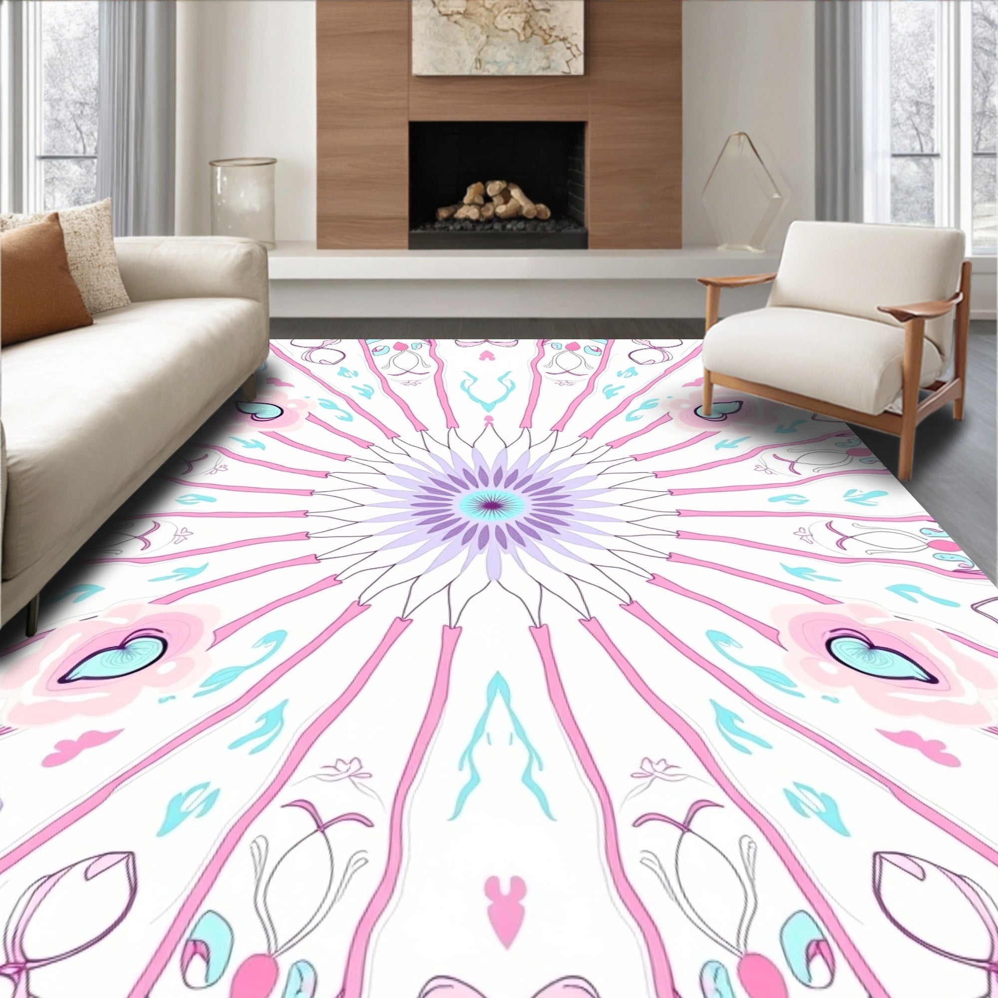 Floral Symmetry Pastel Pink Aqua Rug