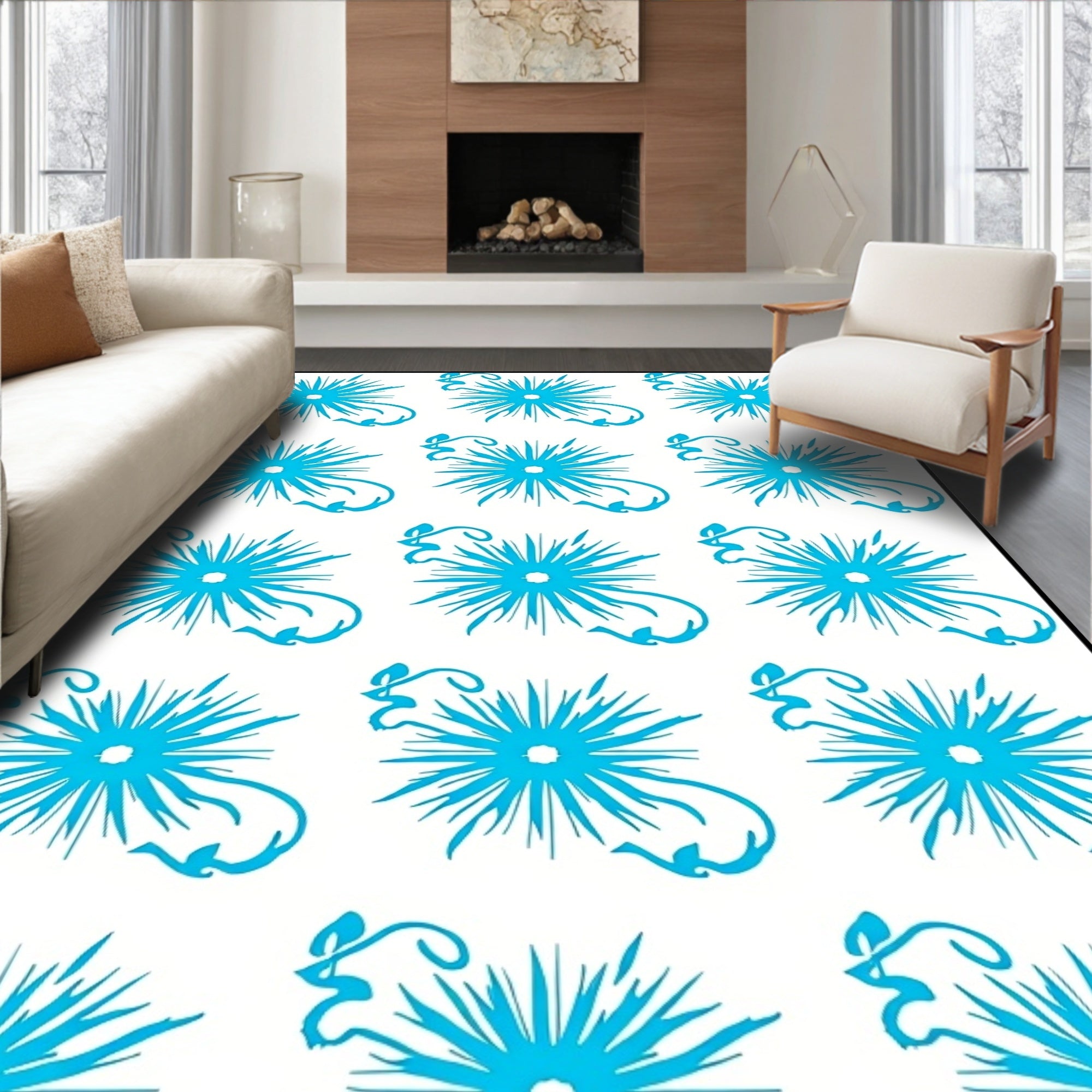 Bright Cyan Sunburst Swirl Rug