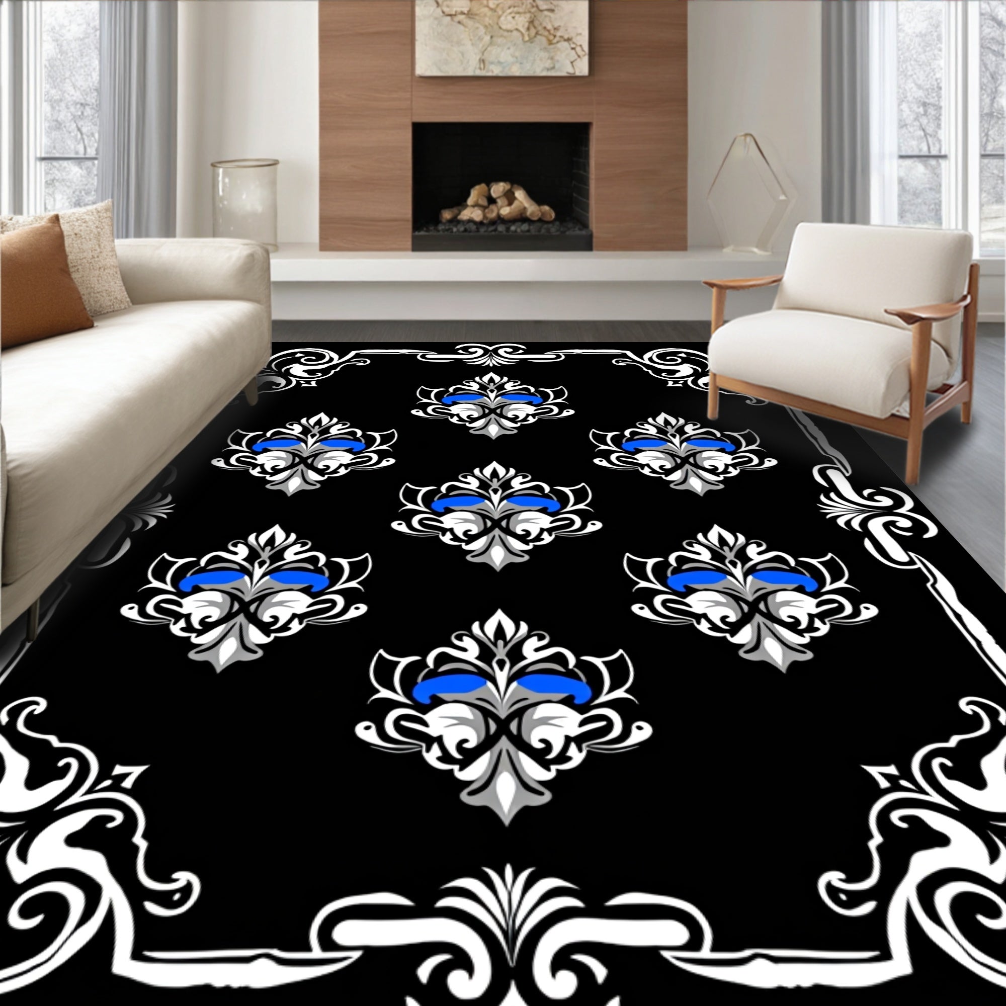 Ornate Blue Floral Scrollwork Symmetry Rug