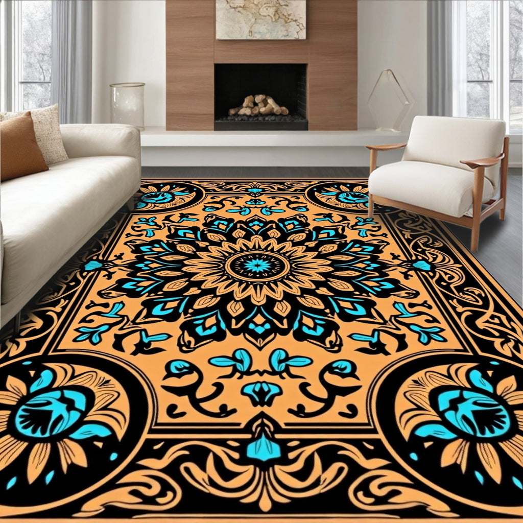 Mandala Floral Black Orange Rug