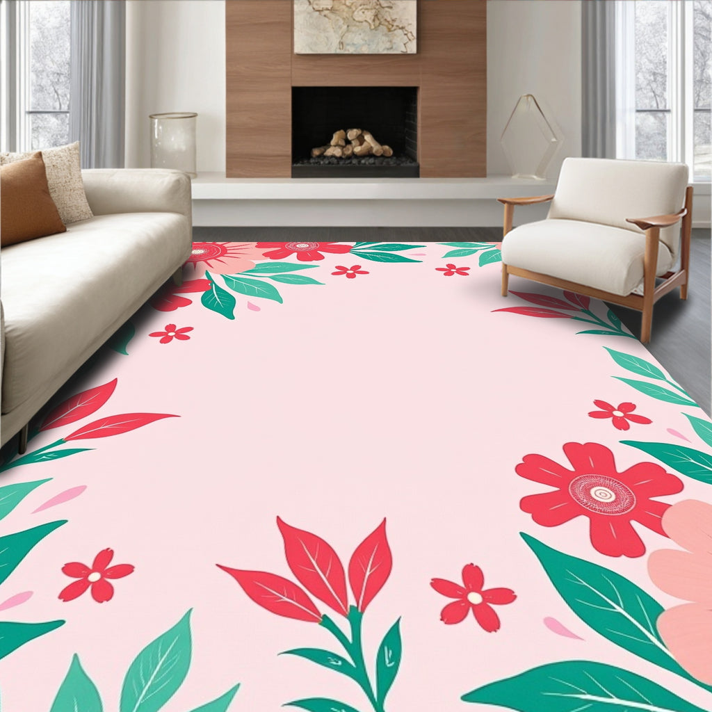 Red Pink Floral Botanical Design Rug
