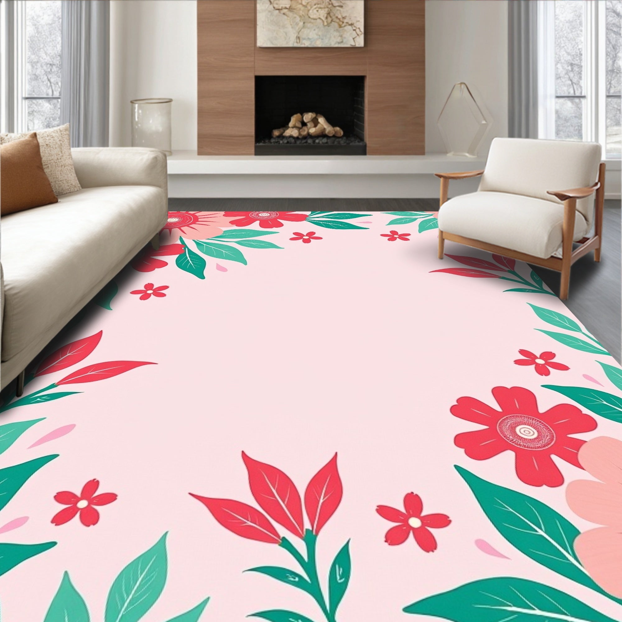 Red Pink Floral Botanical Design Rug