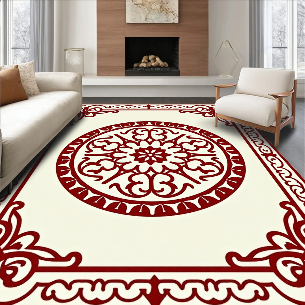 Classic Red Floral Medallion Frame Design Rug