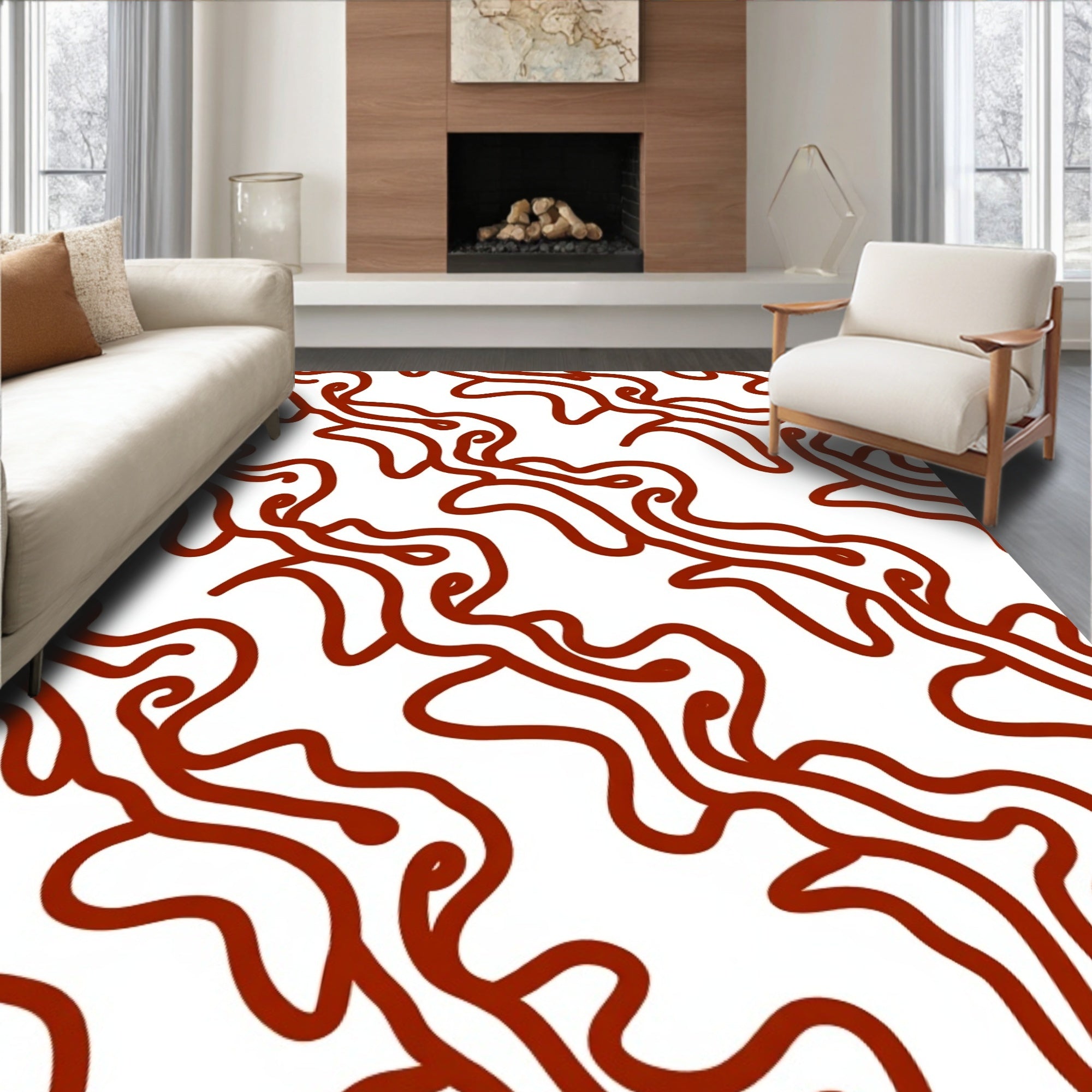Red Abstract Swirl Patterned Rug