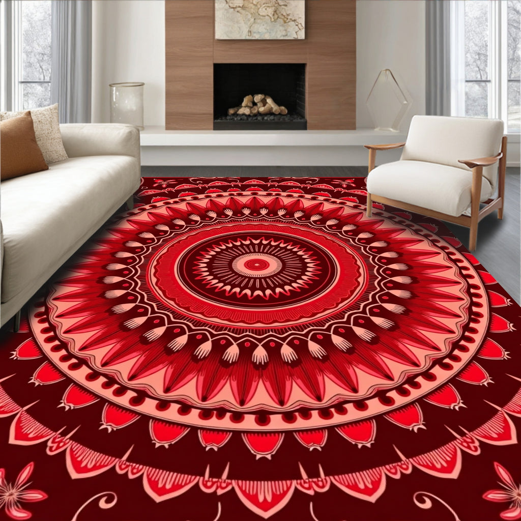 Rich Red Floral Mandala Pattern Rug