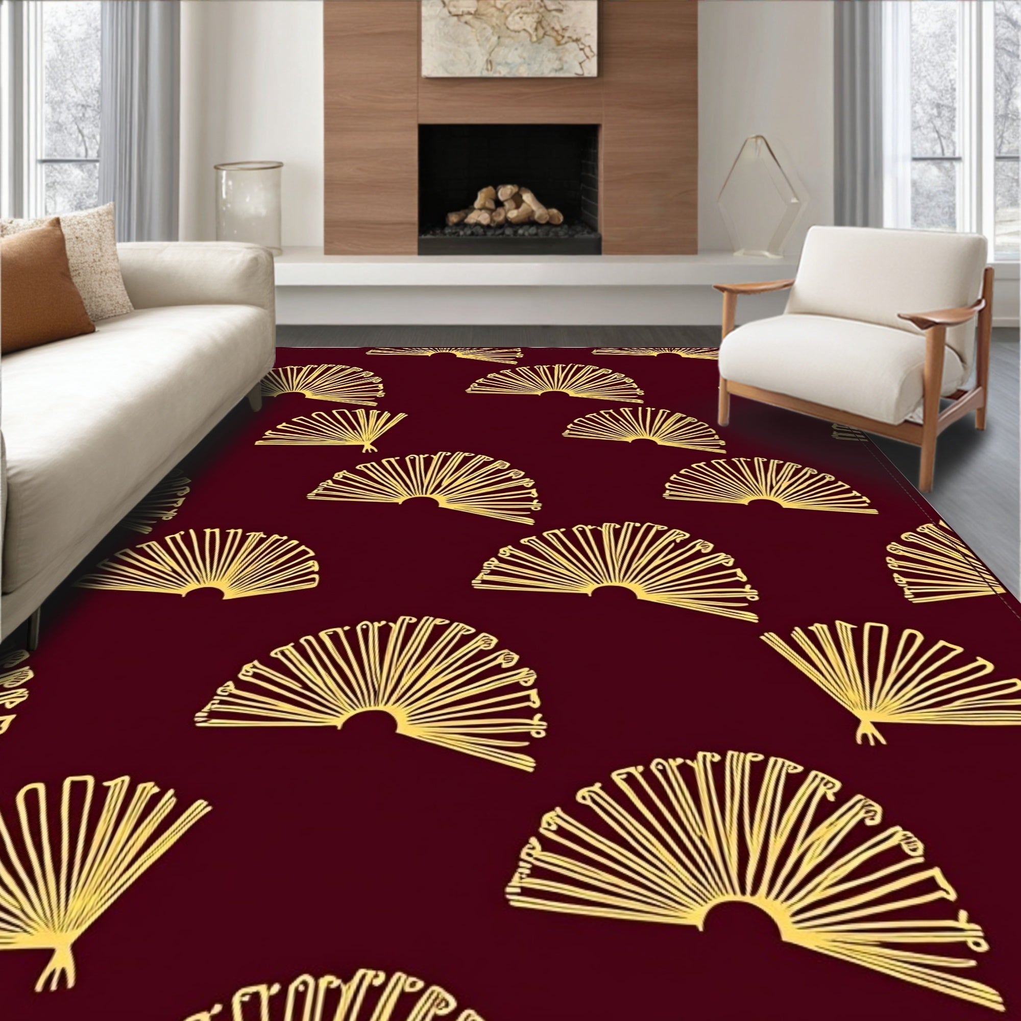 Gold Fan Patterned Burgundy Rug