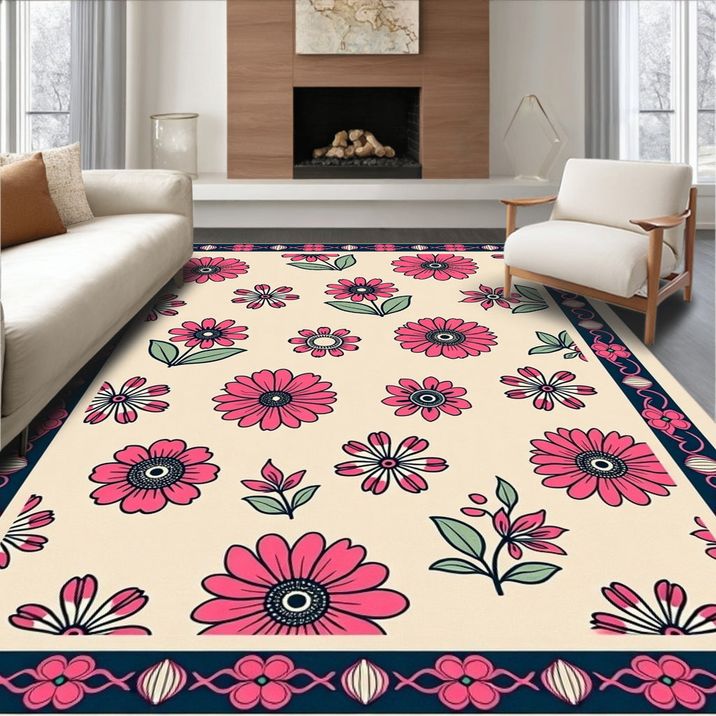 Floral Blossom With Dark Navy Border Rug