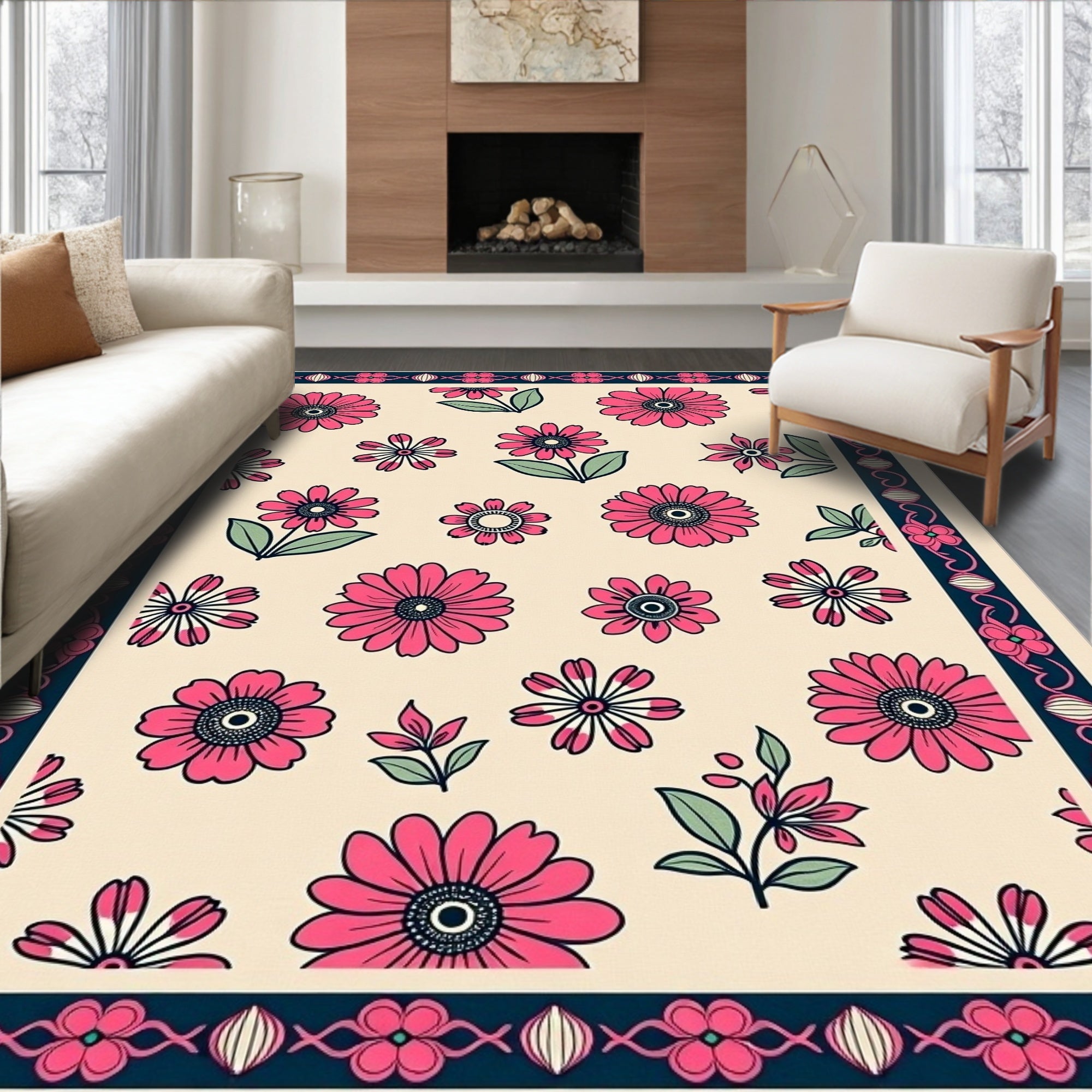 Floral Blossom With Dark Navy Border Rug
