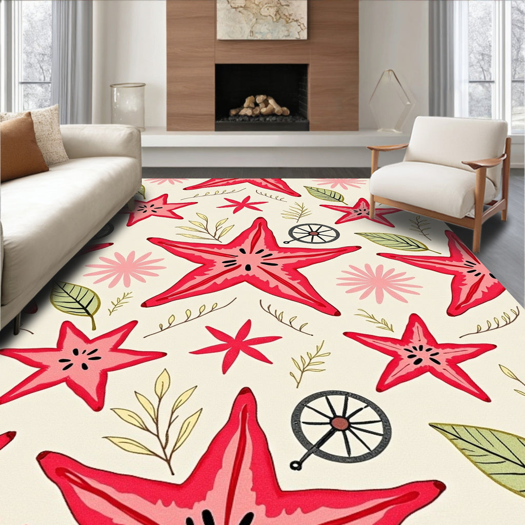 Red Starfish Botanical Pattern Rug