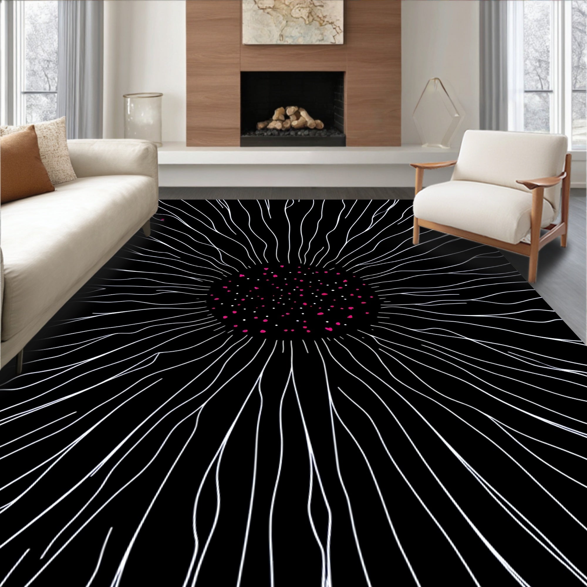 Radial Burst White Pink Dots Rug