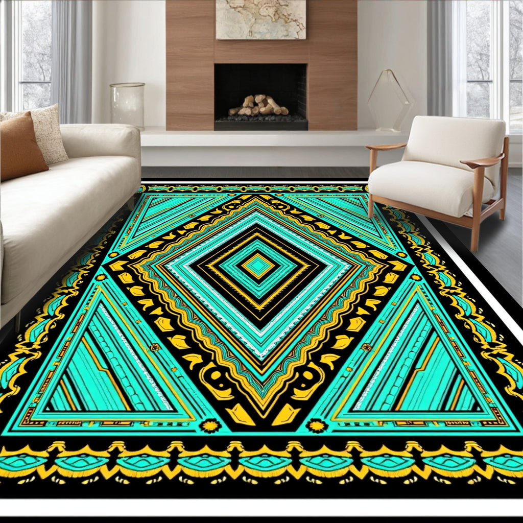 Luminous Teal Golden Diamond Geometric Rug