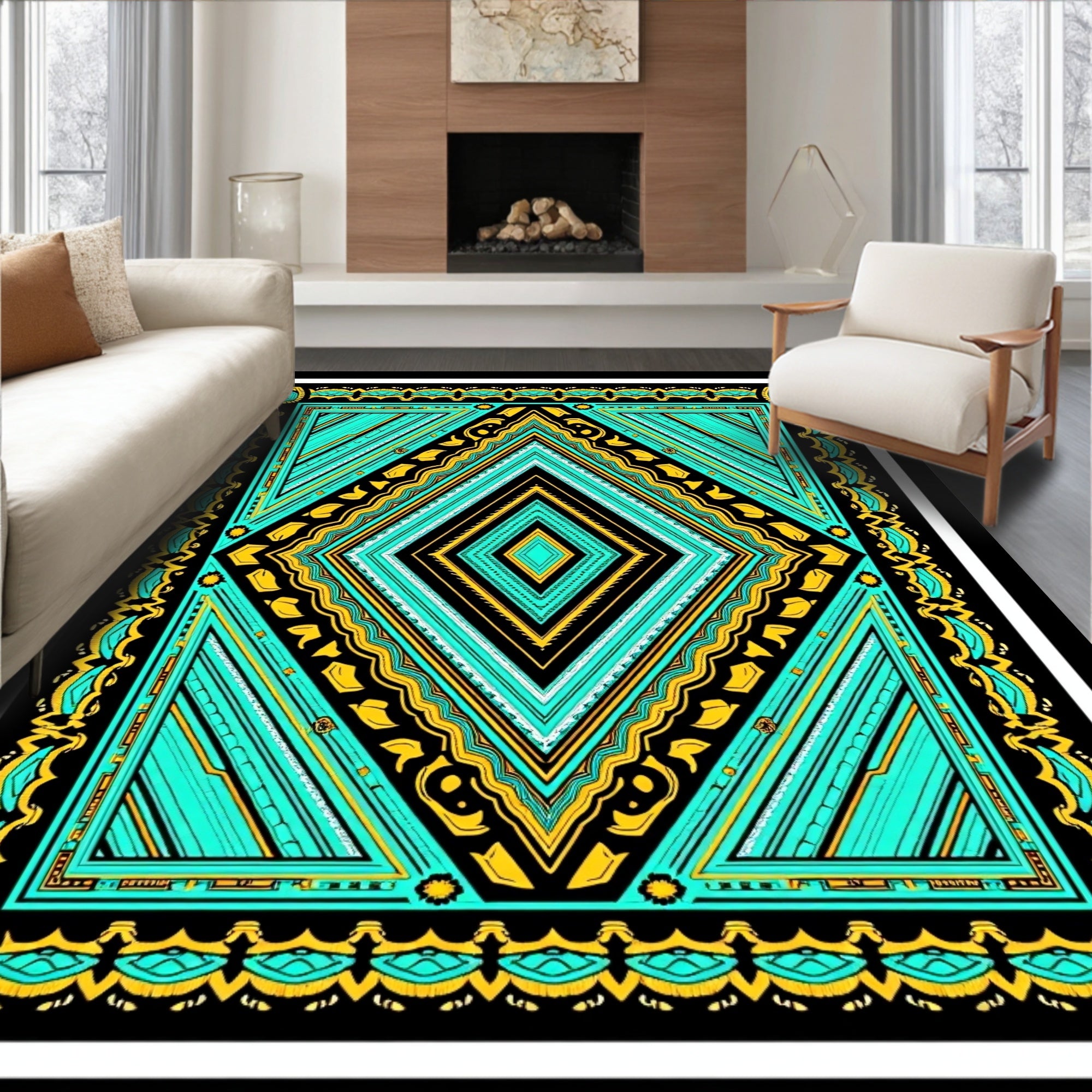Luminous Teal Golden Diamond Geometric Rug