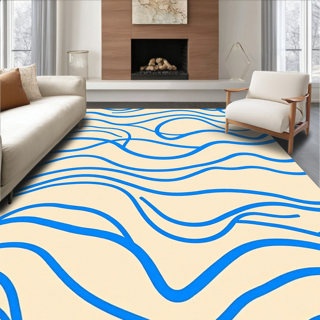 Abstract Blue Wavy Line Pattern Rug