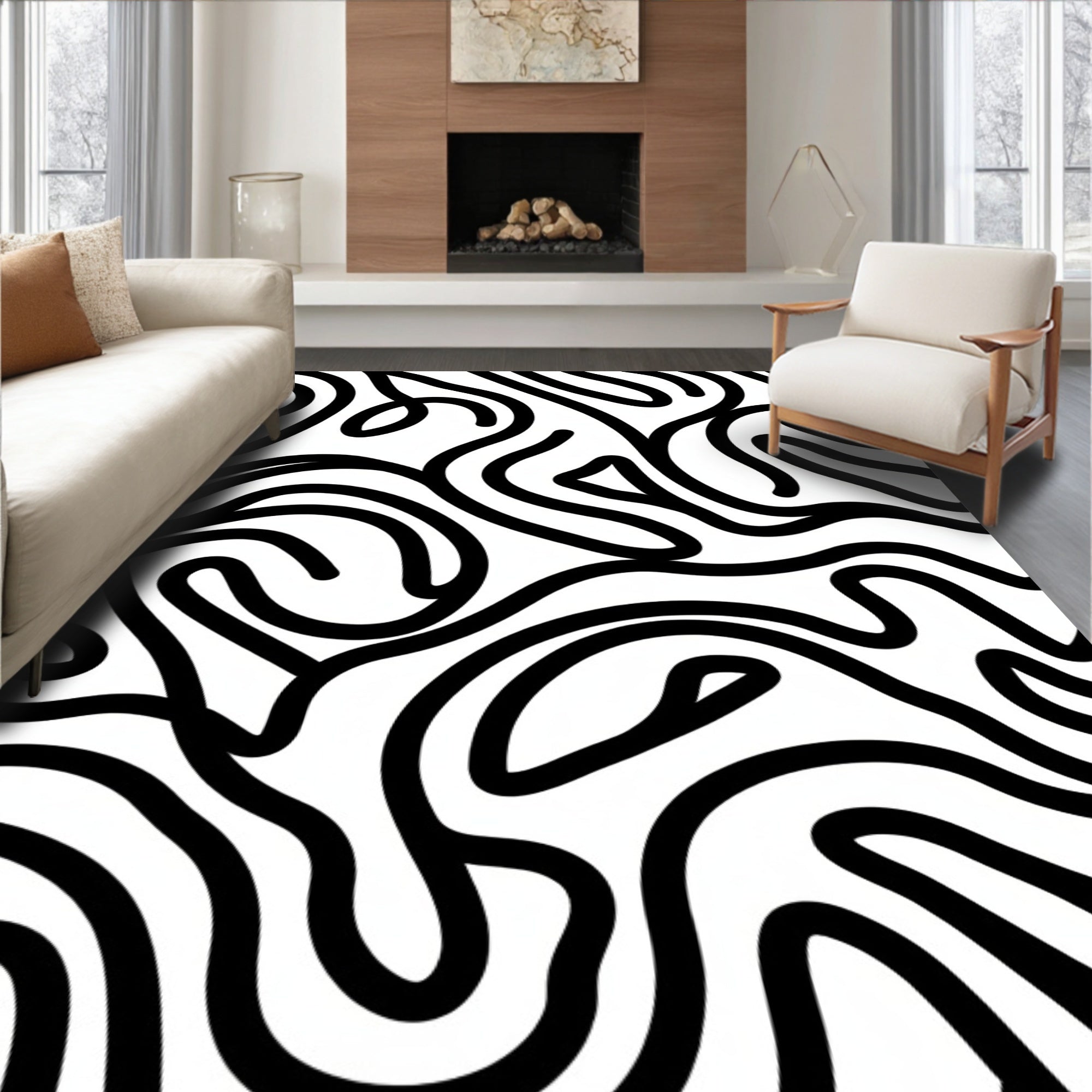 Abstract Black White Flowing Lines Rug