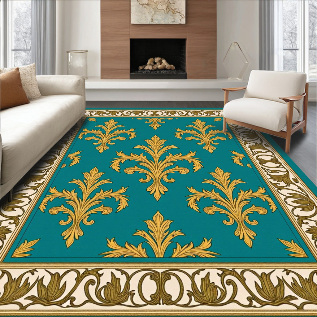 Elegant Gold Leaf Teal Damask Rug