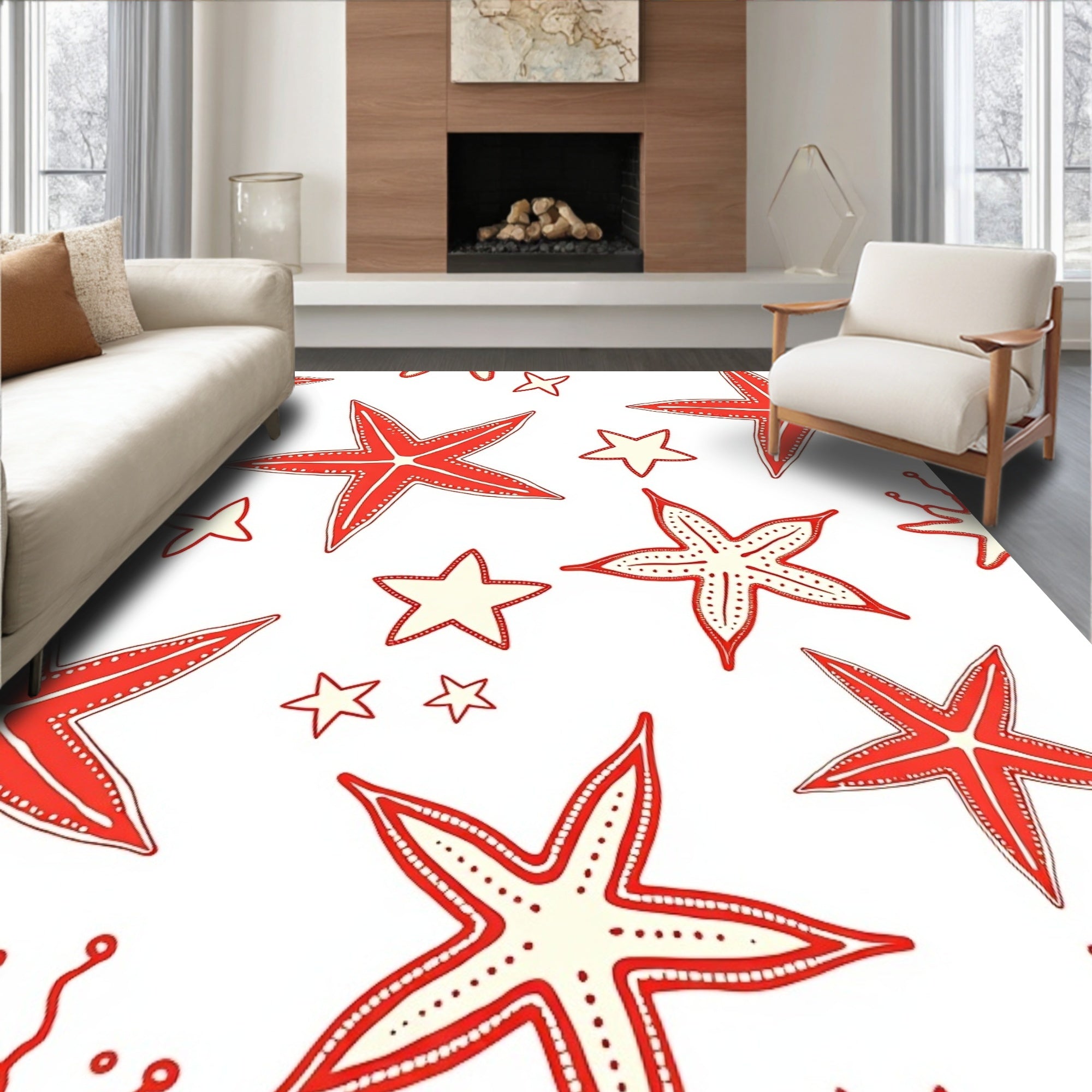 Red Starfish Scattered Pattern Rug