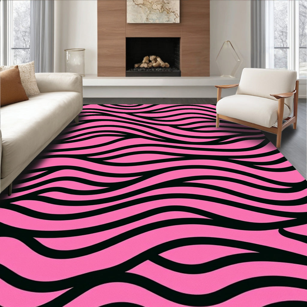 Pink Black Abstract Waves Pattern Rug