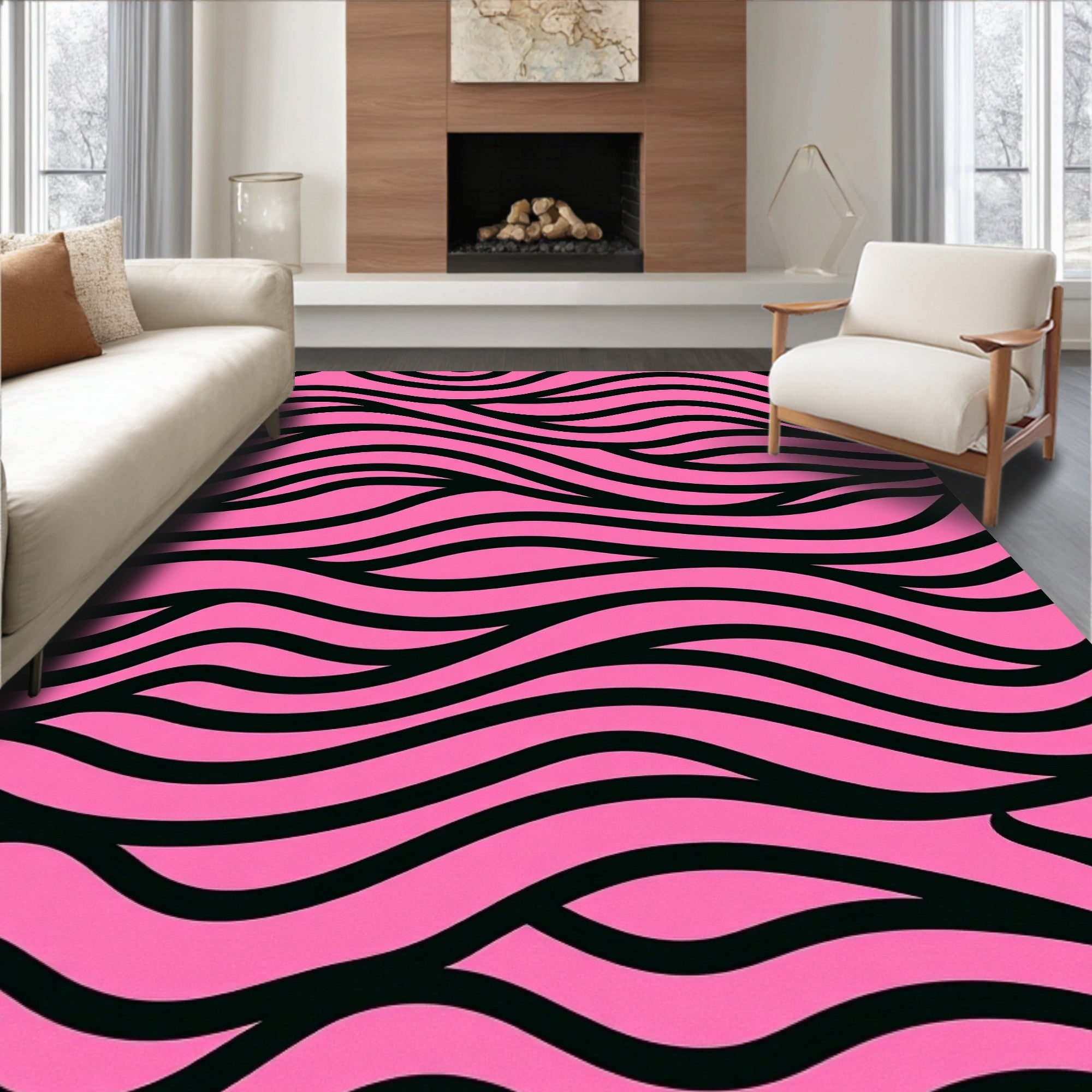 Pink Black Abstract Waves Pattern Rug