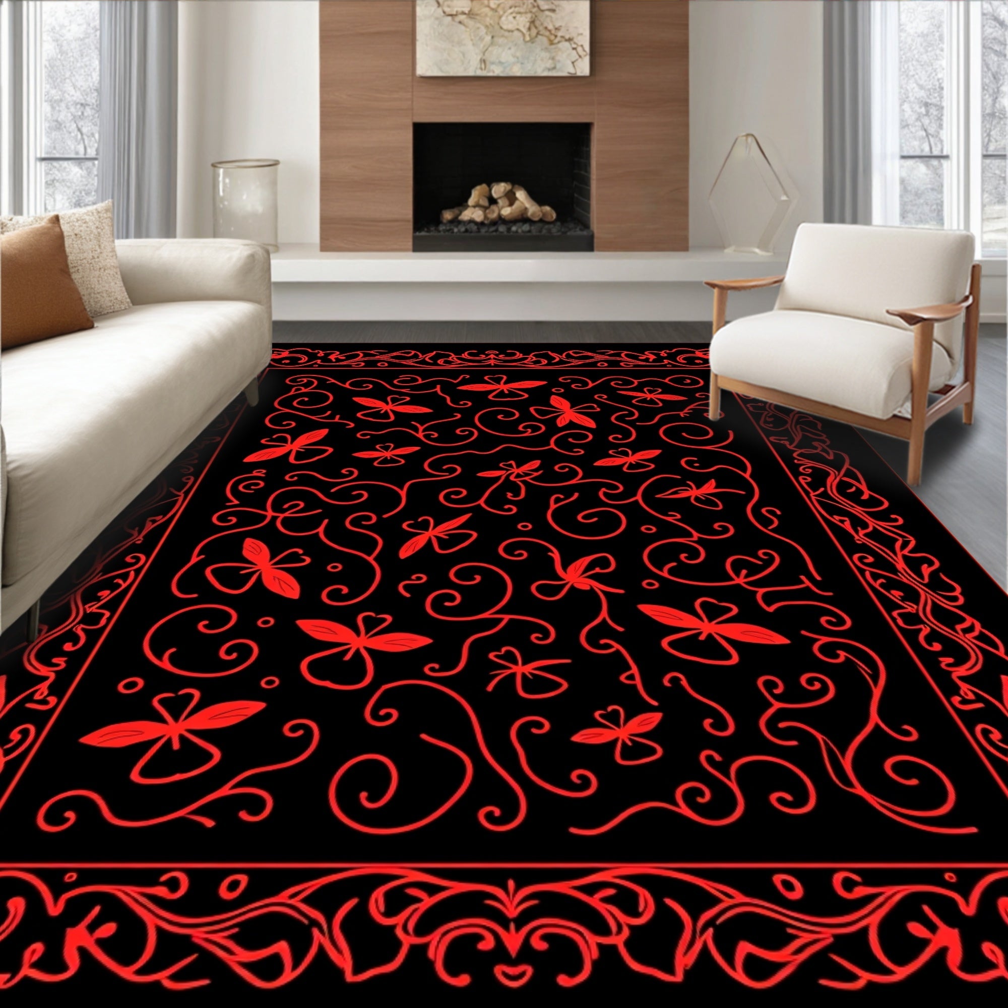 Red Butterflies With Flourishing Swirls Design Rug